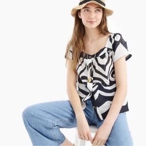 J. Crew Point Sur Ratti Wave Navy Blue White Button Front Poplin Top